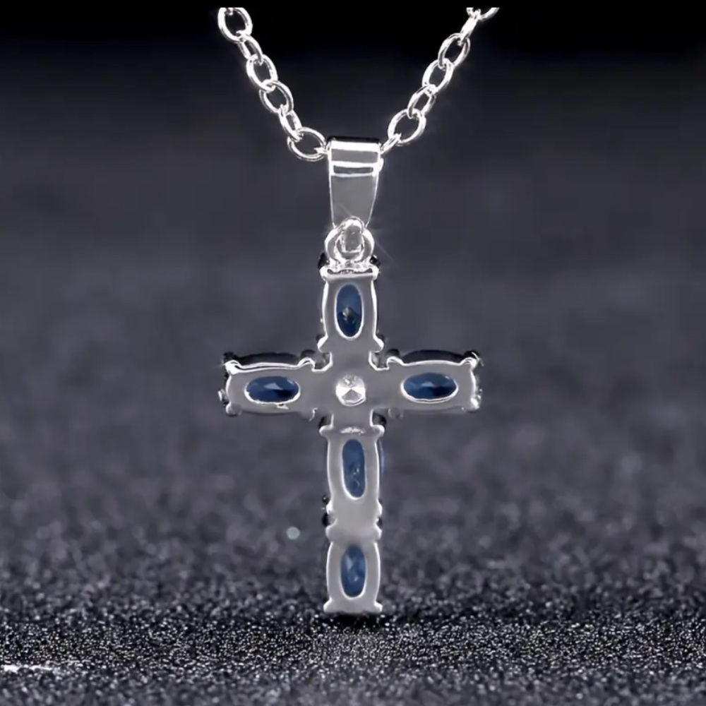 Blue & Silver Cross Pendant Necklace - Picture 3 of 9